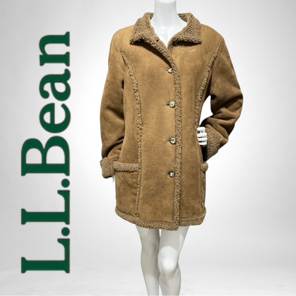 L.L. BEAN Brown Faux Shearling Barn Jacket Button Sherpa Fleece Pockets Sz Large